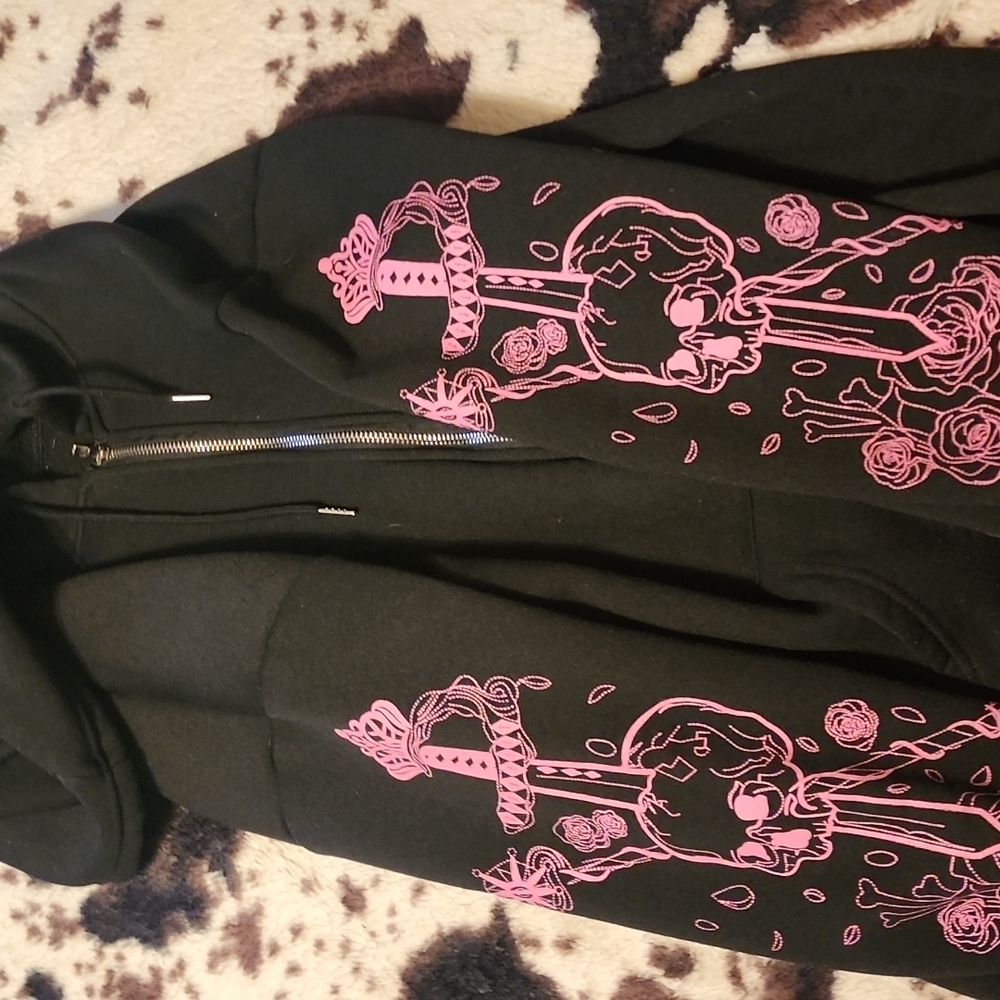 black hoodie with pink 2000s skull design
